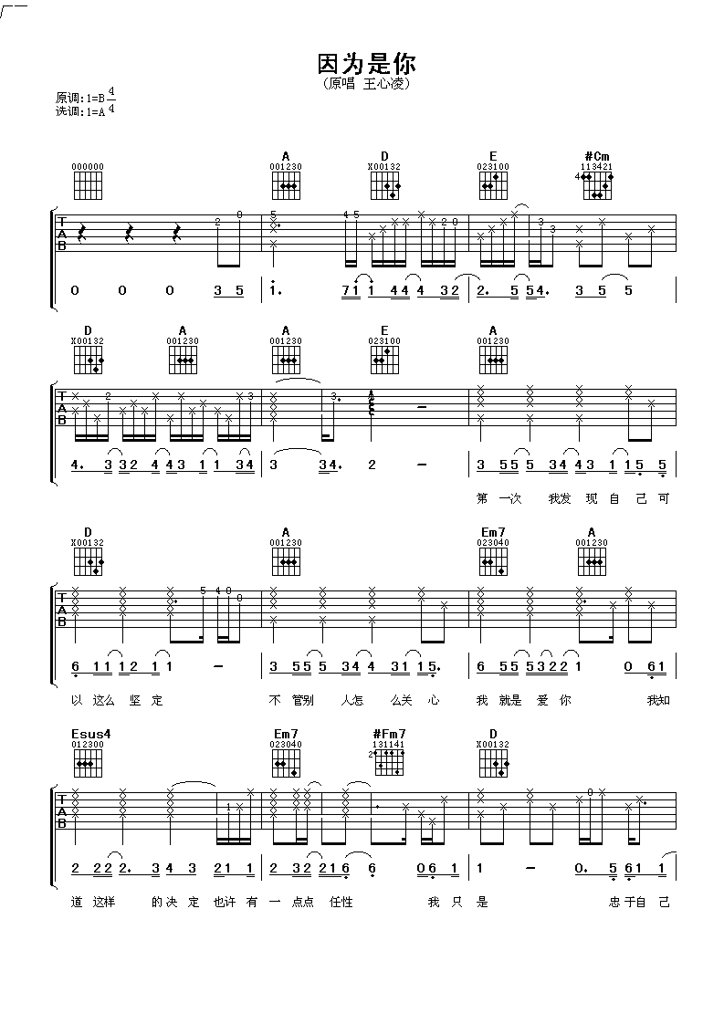 因为是你吉他谱 王心凌