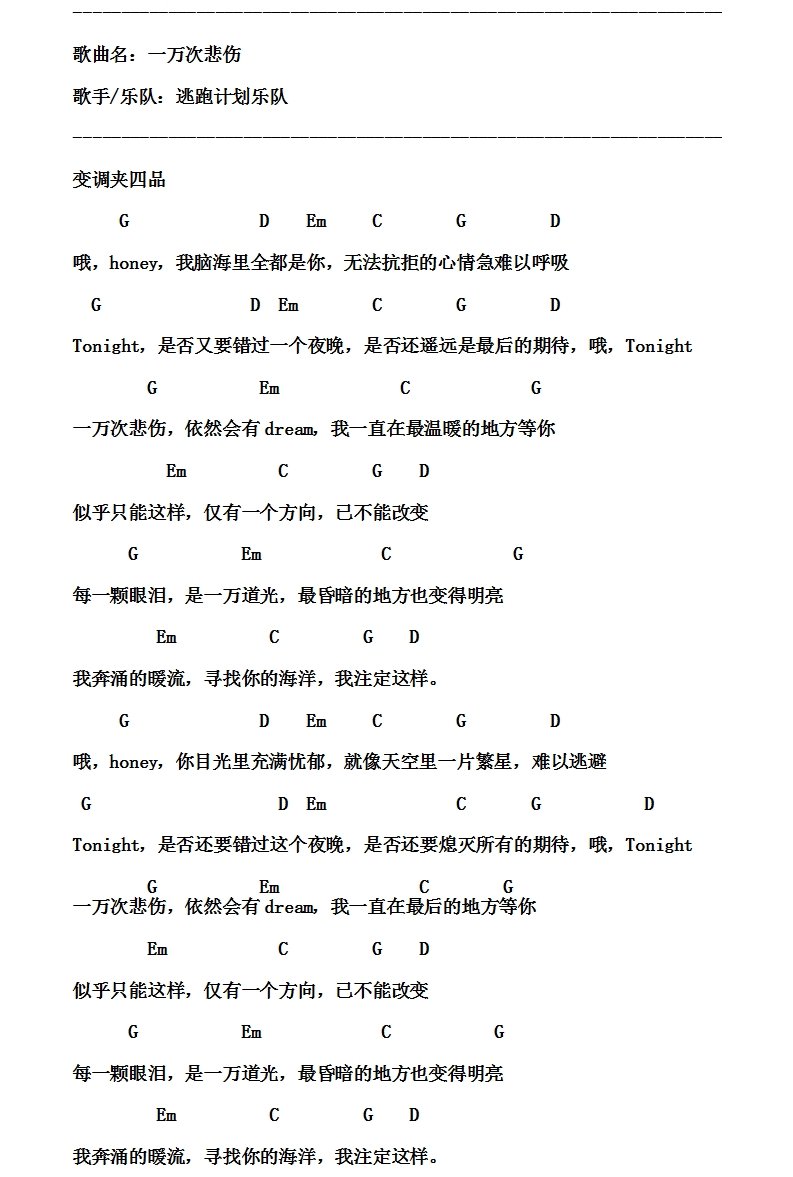 逃跑计划一万次悲伤吉他谱