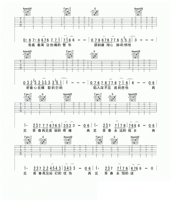 汪峰再见青春吉他谱 C调