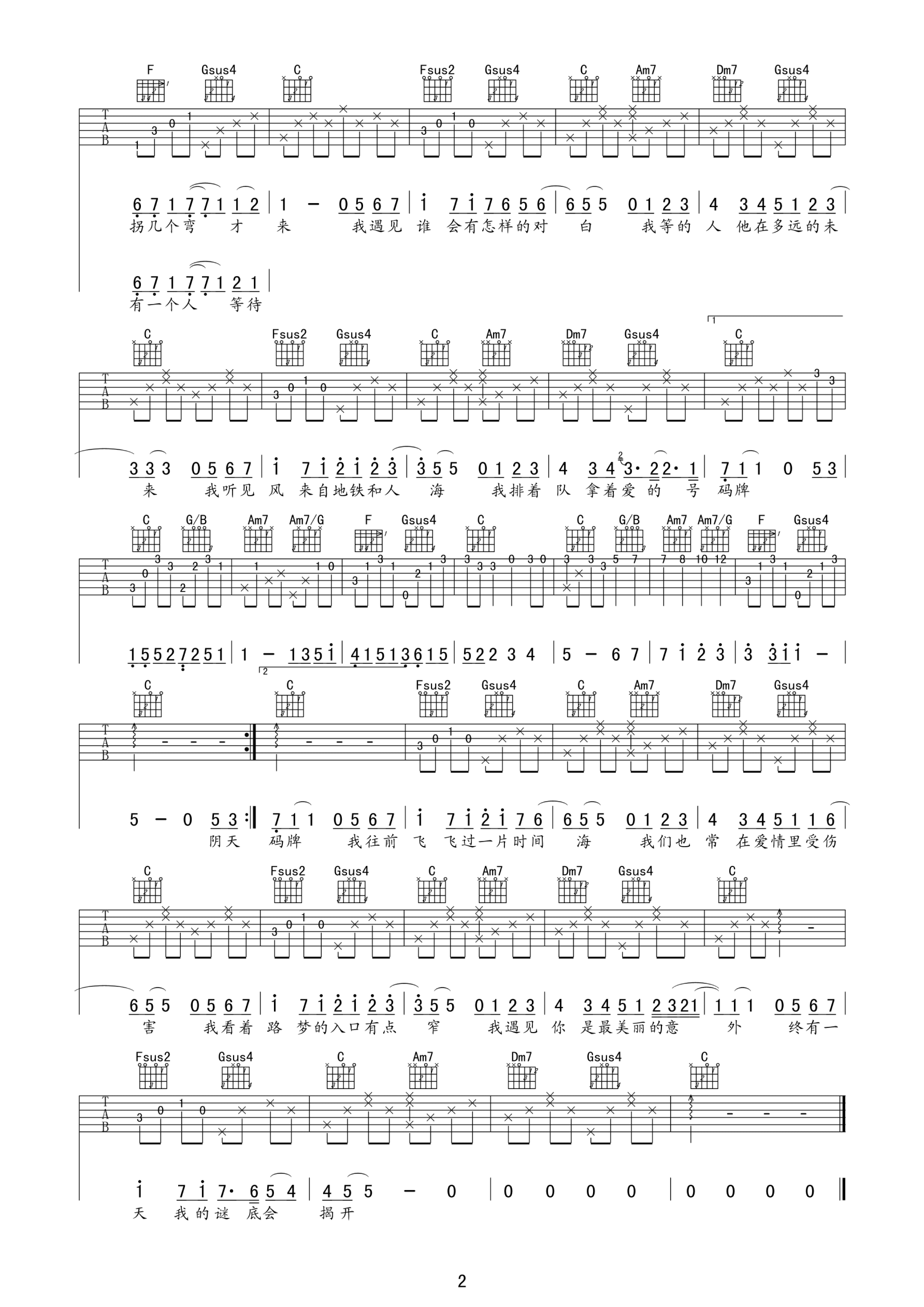 孙燕姿遇见吉他谱 G调