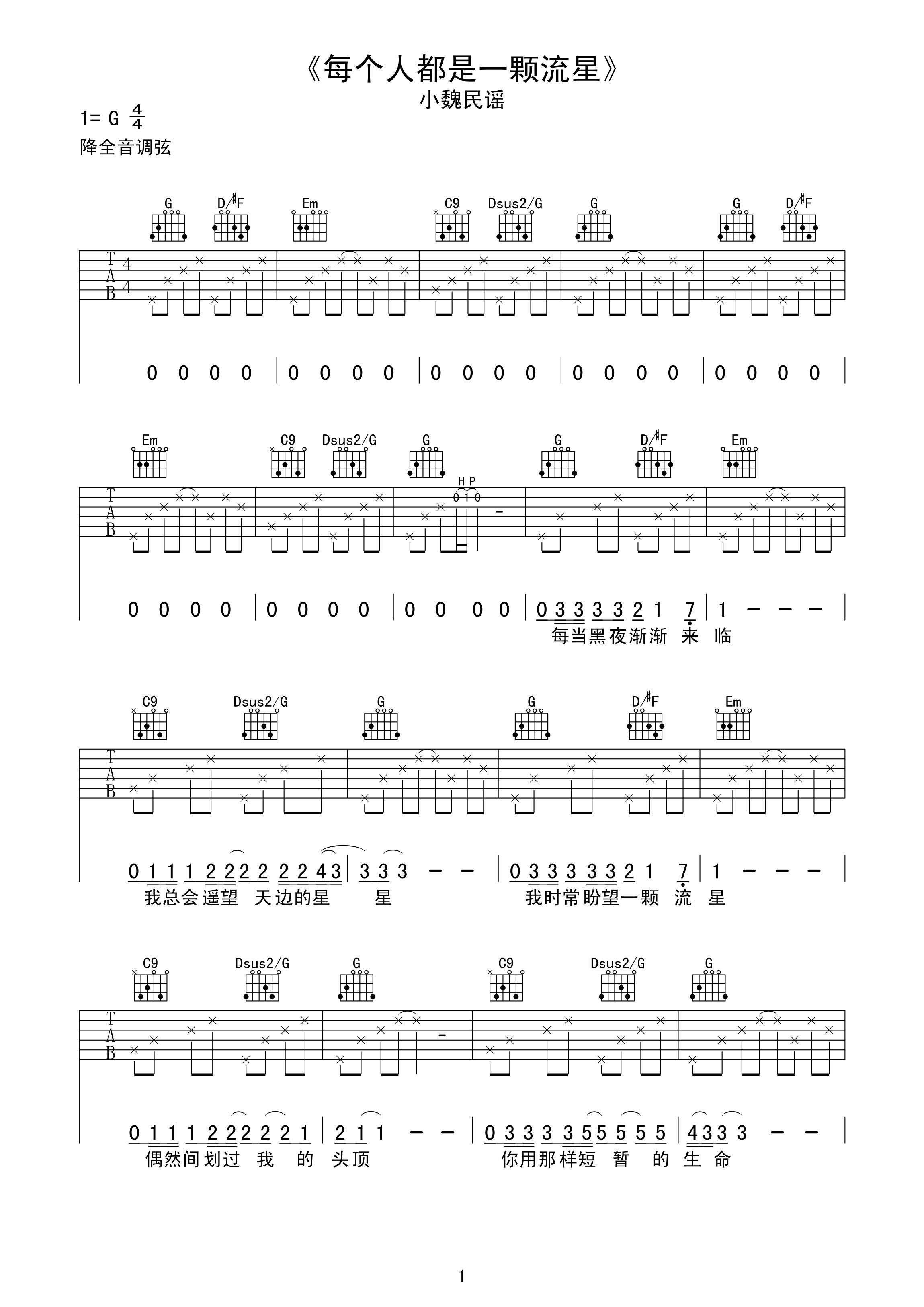 每个人都是一颗流星吉他谱 小魏 G调