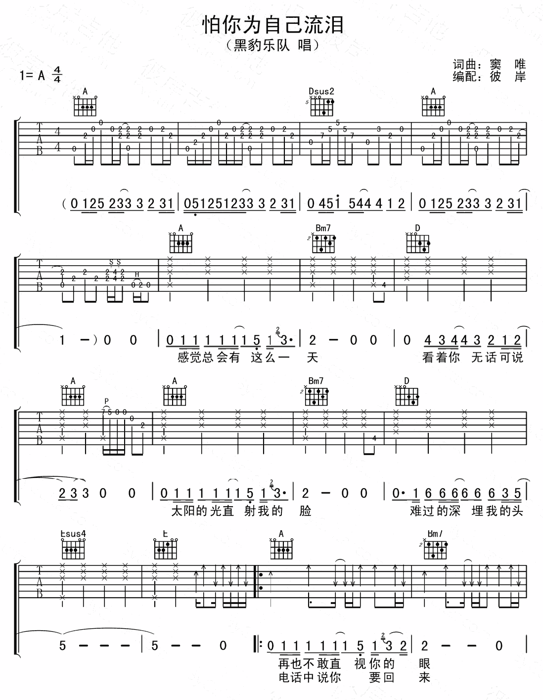 怕你为自己流泪吉他谱 黑豹乐队