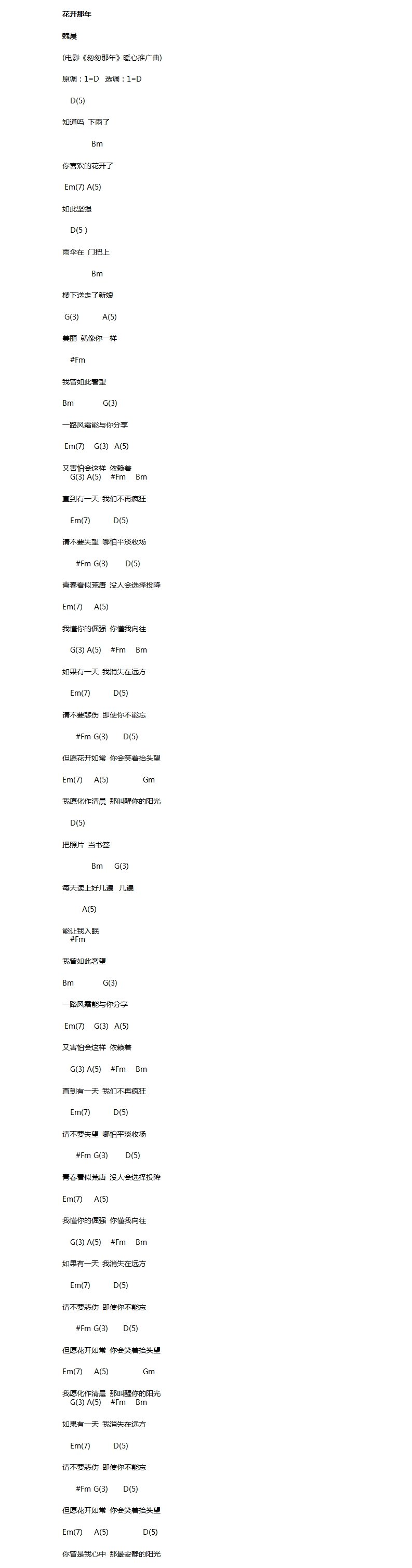 魏晨花开那年吉他谱