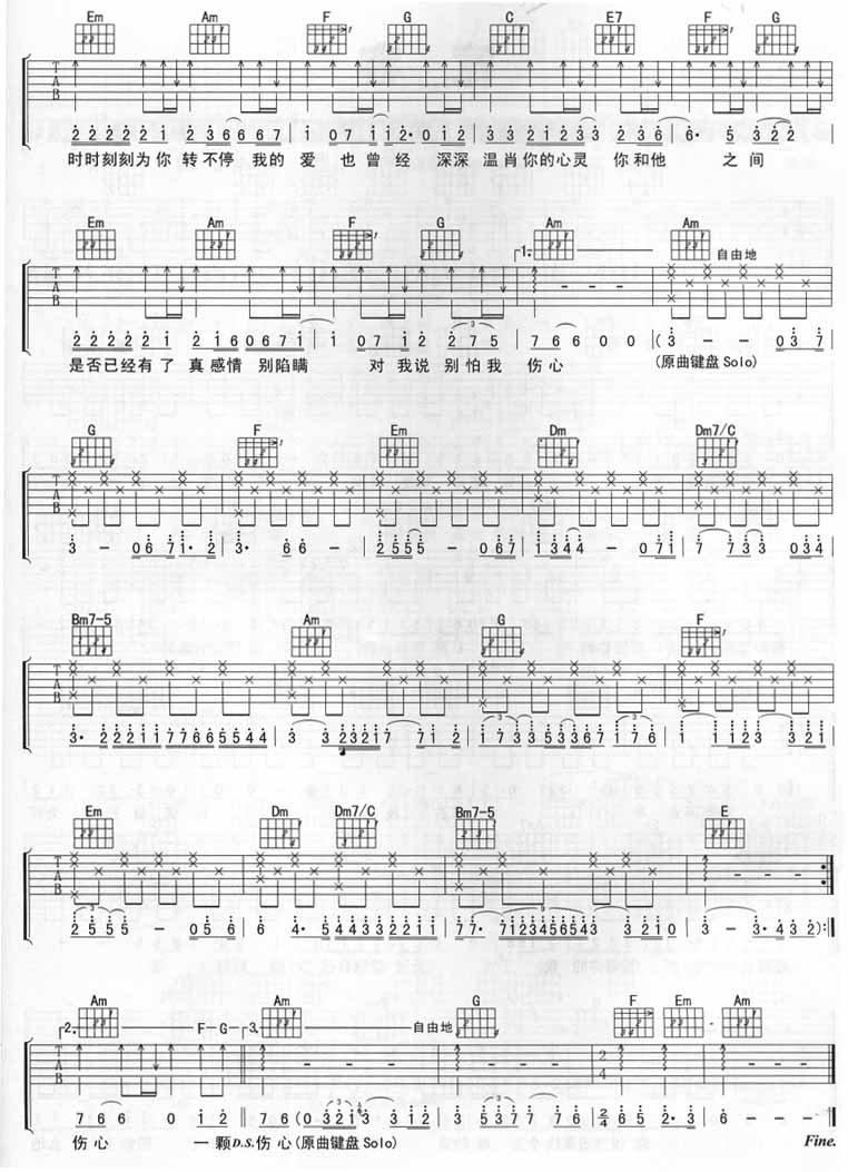 张信哲别怕我伤心吉他谱 C调