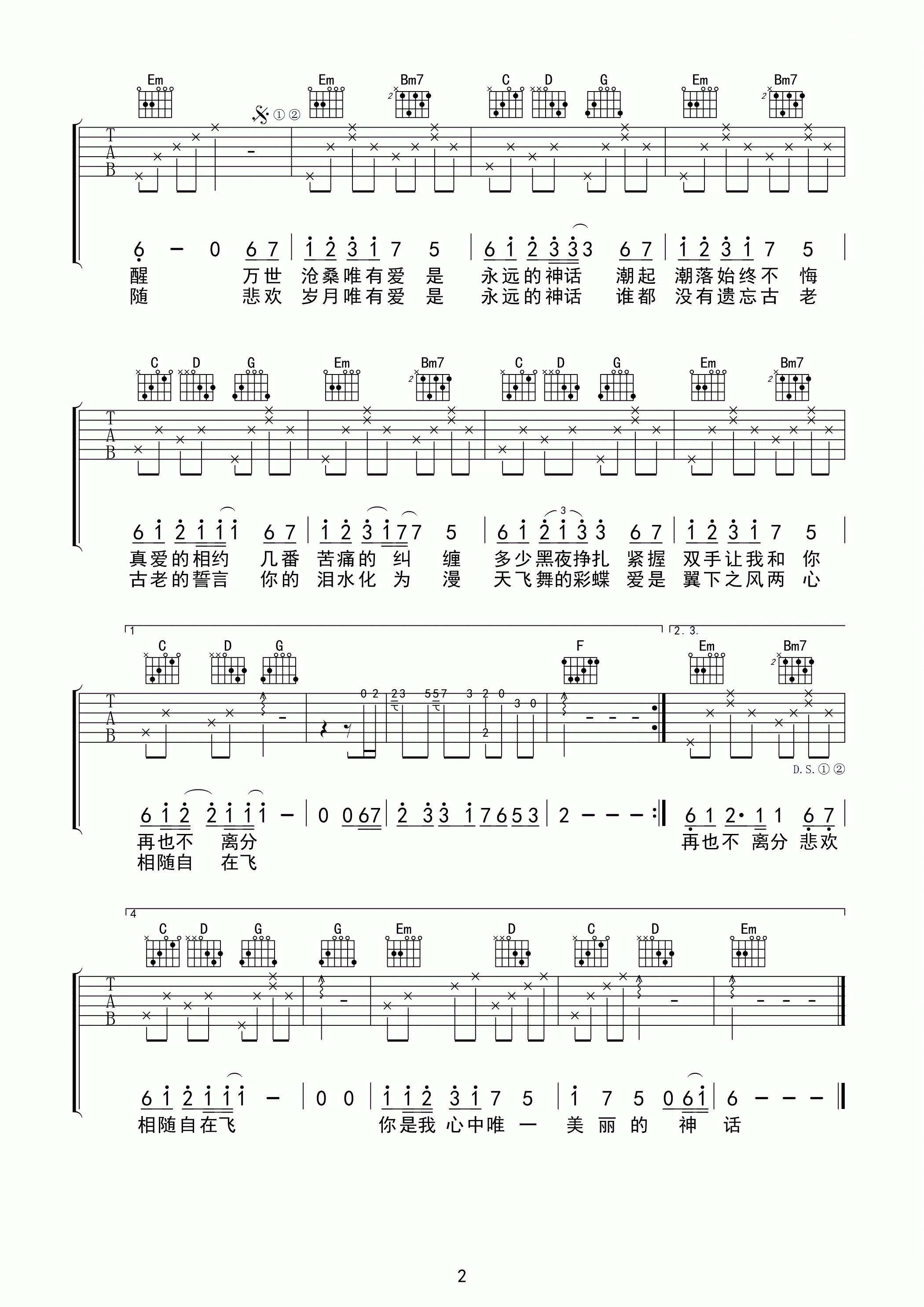 孙楠韩红美丽的神话吉他谱G调