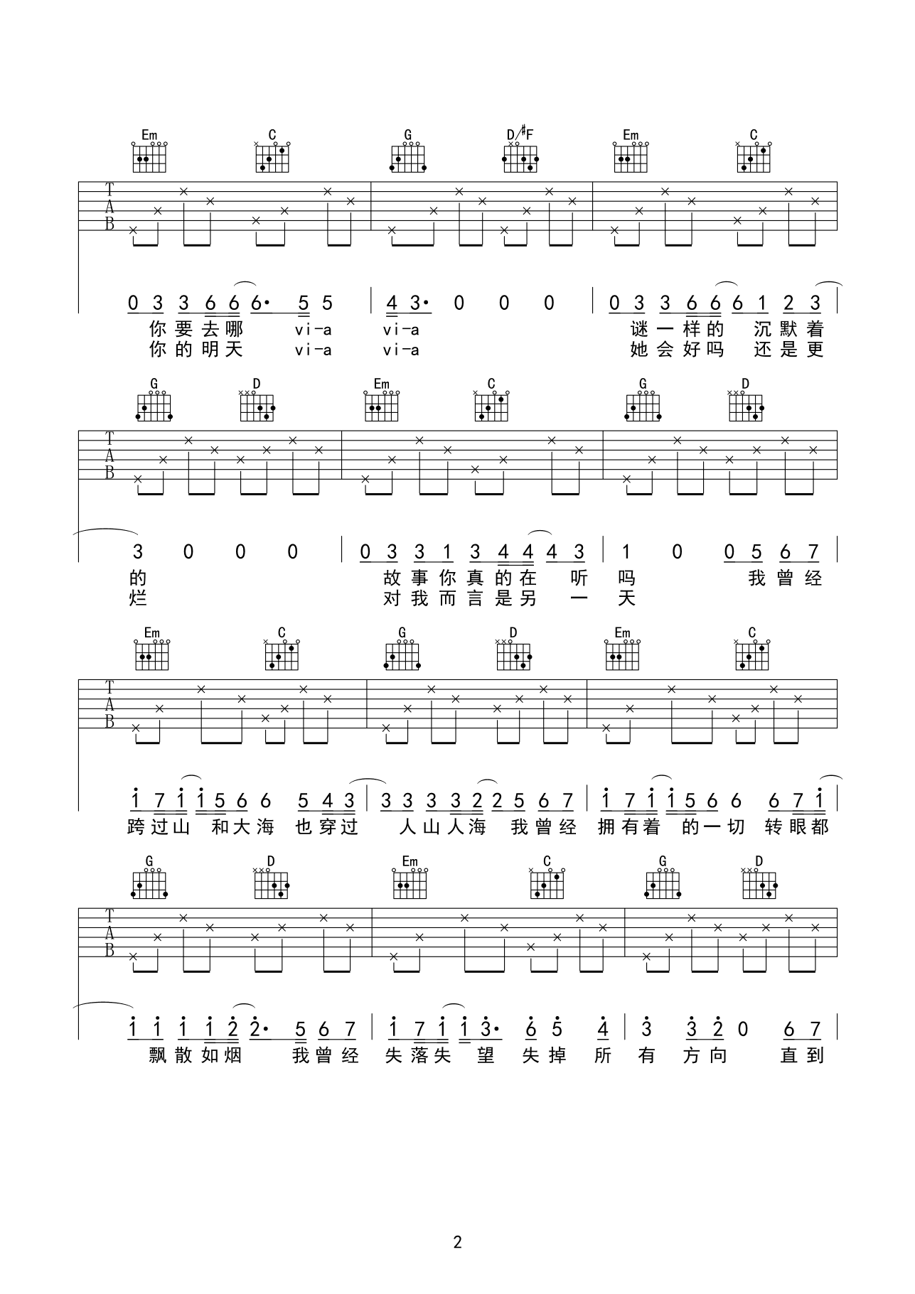 朴树平凡之路吉他谱 G调